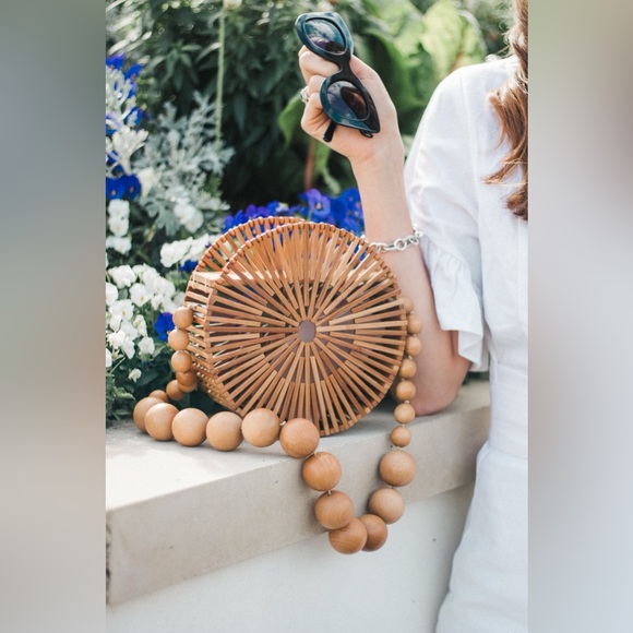 Cult Gaia Cutout Round Circle Beaded Strap Crossbody Bag NWT Natural Bamboo - Picture 10 of 16